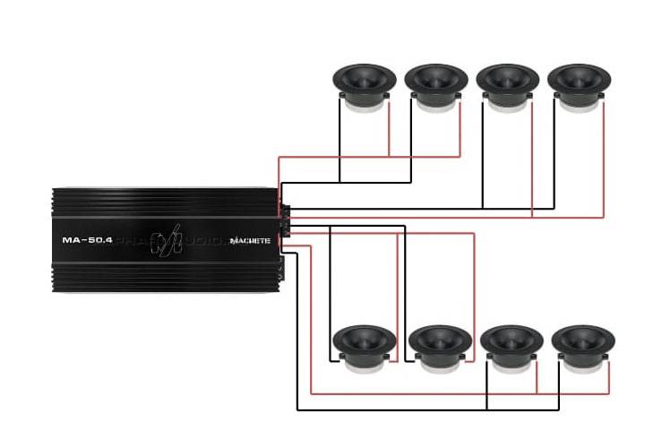 Схема подключения 4 динамиков к усилителю