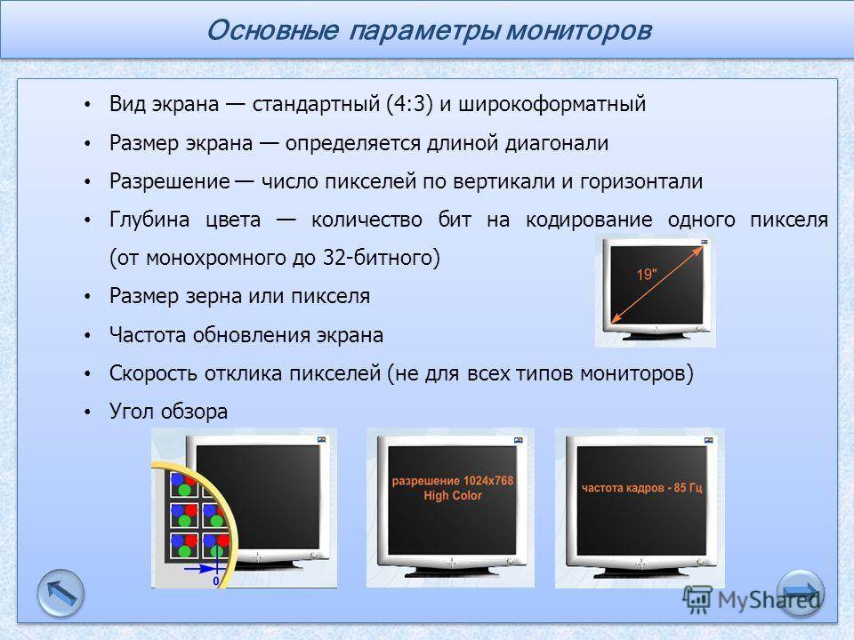 Основные параметры монитора определяющие качество изображения на экране монитора