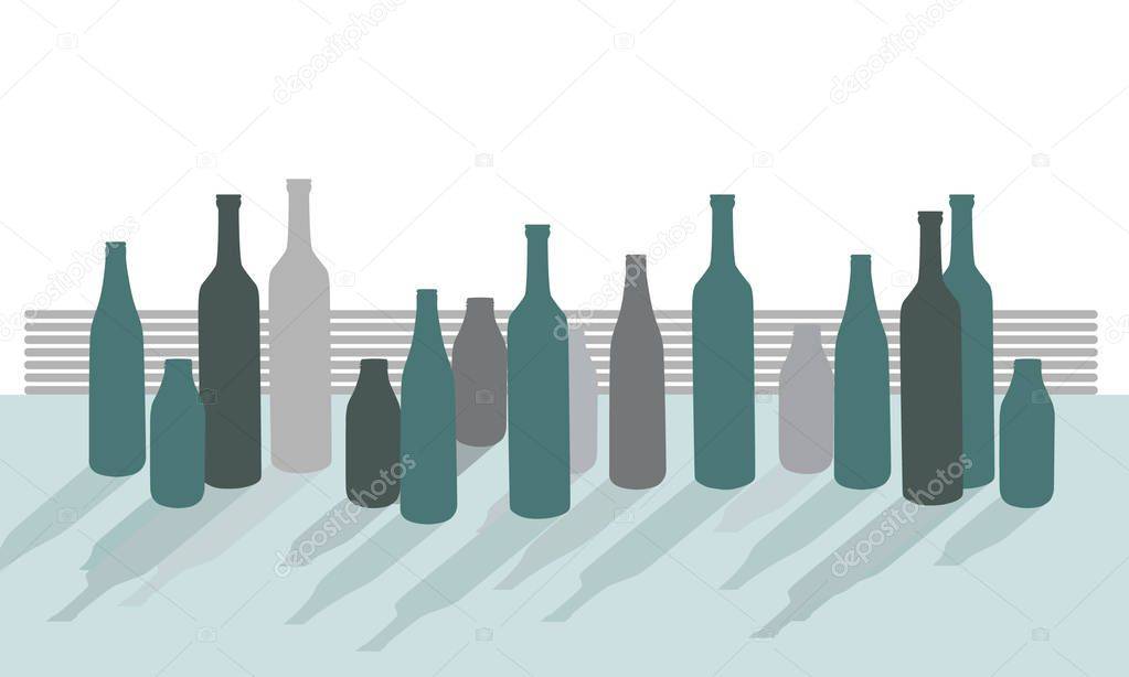 Силуэты бутылки красивые. Пустые бутылки стоят у стола. Пустые бутылки в интерьере. Силуэт бутылок в плоском стиле.