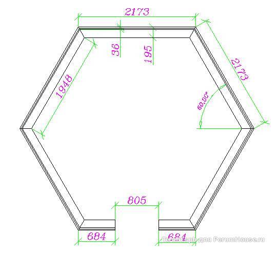 Чертеж 6 угольной беседки с размерами