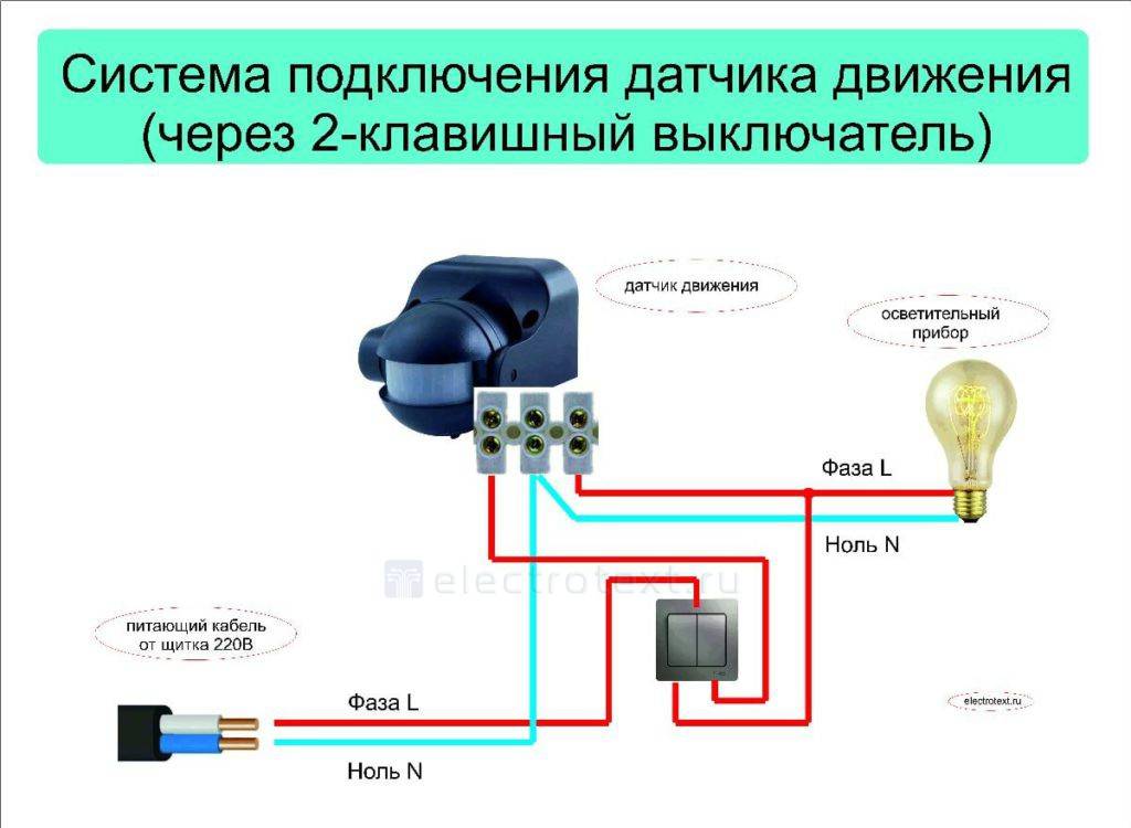 Как подключить датчик движения - монтаж, схема подключения к лампочке через выключатель, к прожектору, в разрыв фазного провода, инфракрасного датчика движения, цена и где заказать установку в москве и спб