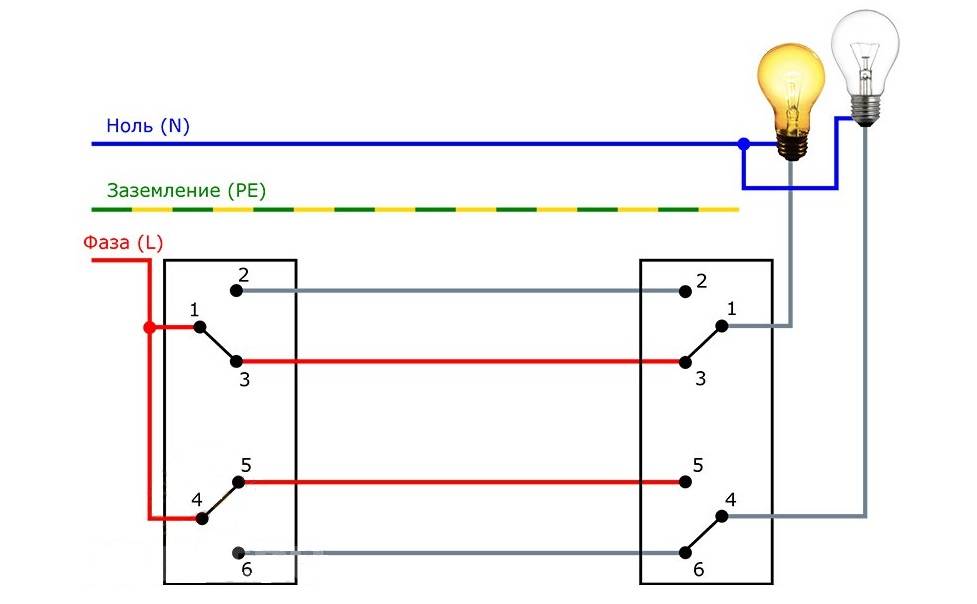 Схема двухклавишных проходных выключателей из двух мест